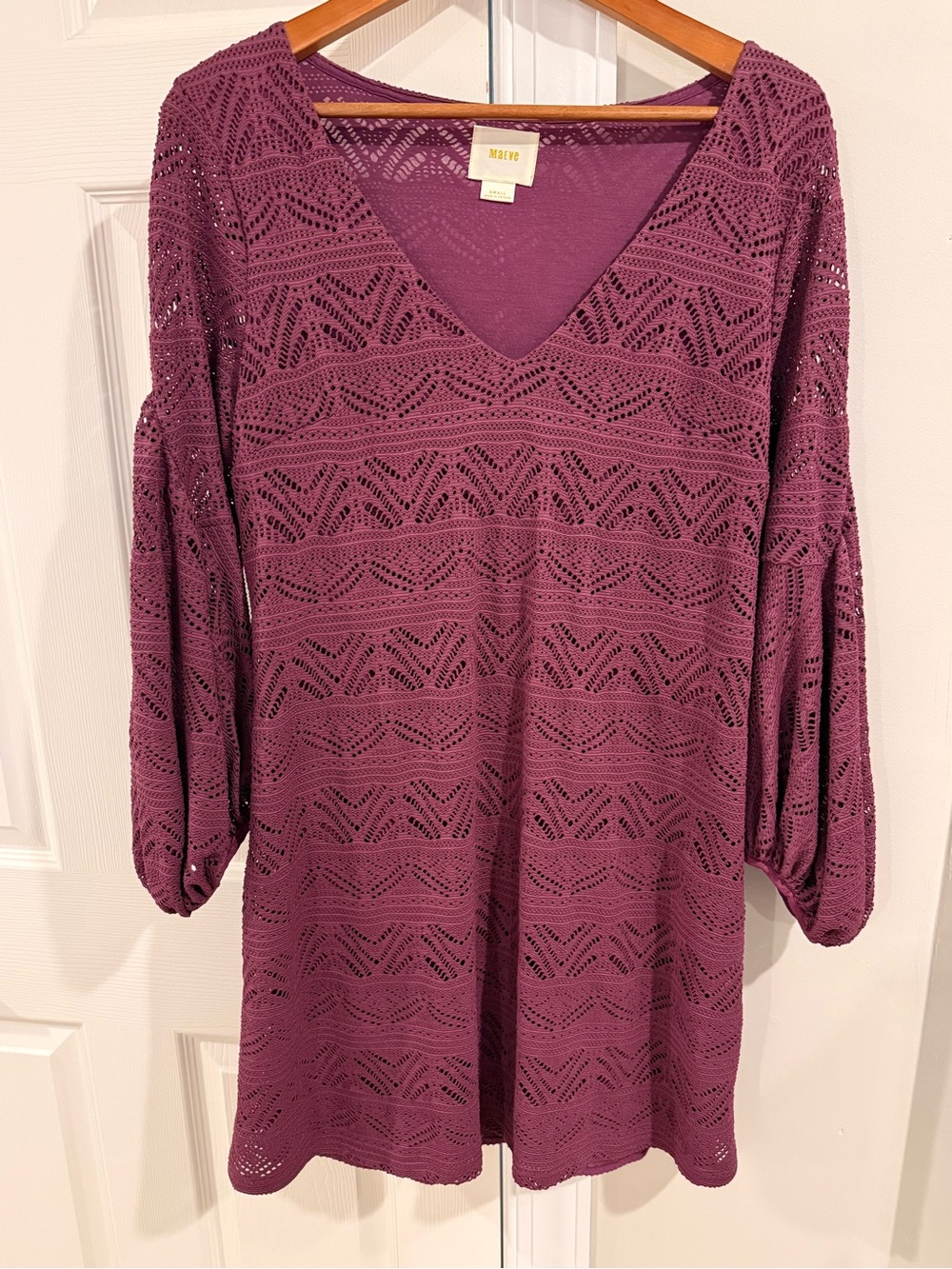Maeve Plum Crochet V-Neck Long Sleeve Dress
